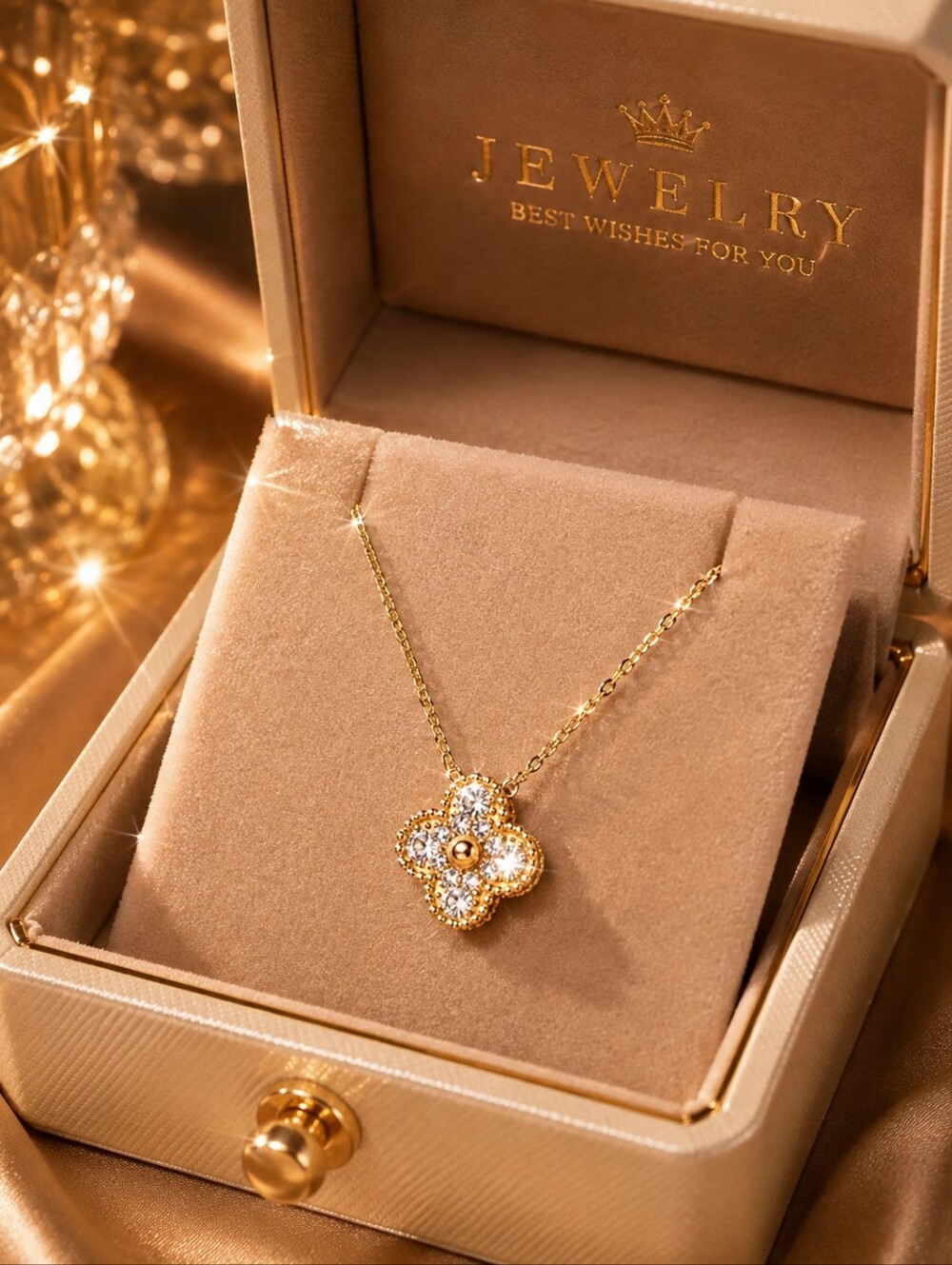 Jewelry Necklace Clover Design Gold color. Moissanite stons. Stainless Steel.